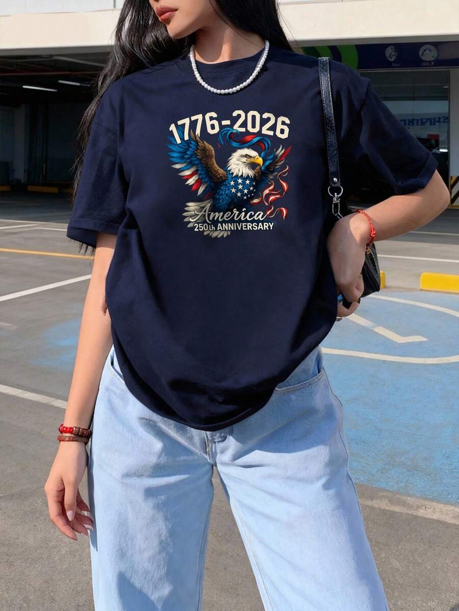 Women's Summer New Simple Fashion Slogan Print Casual Vacation Loose Fit Round Neck Short Sleeve T-Shirt, Fashionable Everyday Top, Suitable For Daily And Vacation Wear. Women's T-Shirt Top. - Navy Blue - View 1