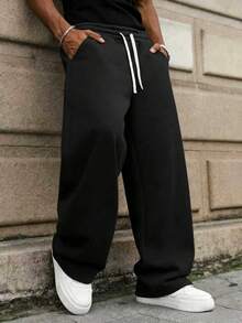 Casual Sports Long Pants, Loose Straight Leg Fit, Drape Effect, Suitable For Home And Outdoor Activities, Can Be Given As Couple Gift, Equipped With Drawstring Waistband, Easy To Adjust, Available In Multiple Colors - Black - View 1