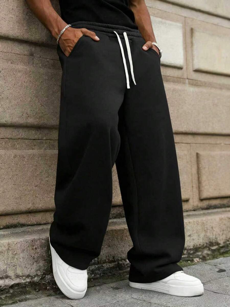 Casual Sports Long Pants, Loose Straight Leg Fit, Drape Effect, Suitable For Home And Outdoor Activities, Can Be Given As Couple Gift, Equipped With Drawstring Waistband, Easy To Adjust, Available In Multiple Colors - Black - View 1