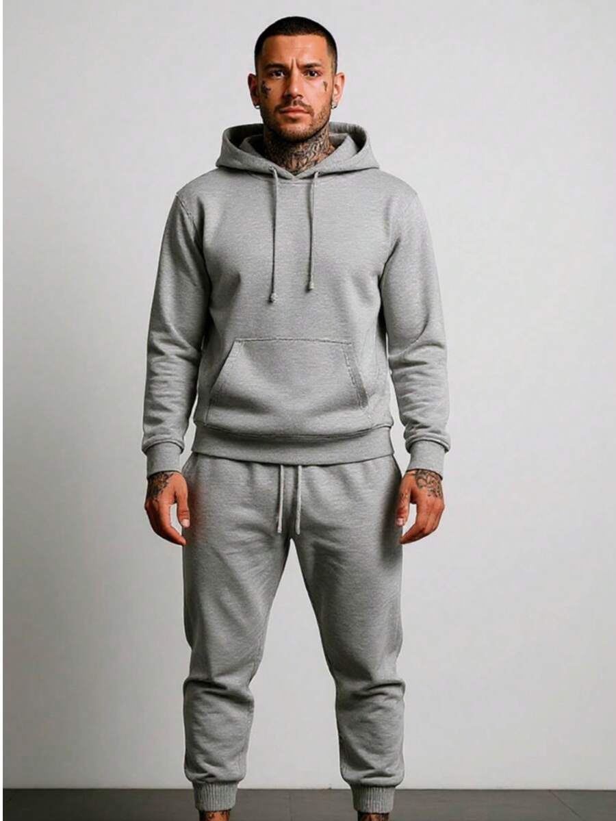 Men's Athletic Tracksuit Set: Hoodie With Kangaroo Pocket And Pants With Elastic Cuffs And Waistband With Drawstring - 灰色 - 查看 1