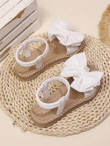 1 Pair Girls' Big Bow Woven-Look Non-Slip Elastic Strap Open Toe Flat Sandals, Suitable For Summer Daily Wear, Beach, And Vacation (Matching Parent-Child) - White - View 6