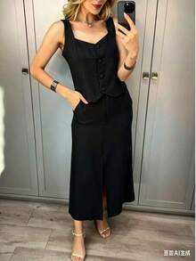 Women's Premium Tailored Vest And Midi Skirt Set - Versatile For Work And Events - Negro - Ver 3