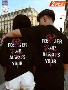 2 Pieces Couple Matching Unisex Cotton Tees With Romantic Rose Print, Perfect For Daily Casuals And Vacation. - Black 3 - View 1