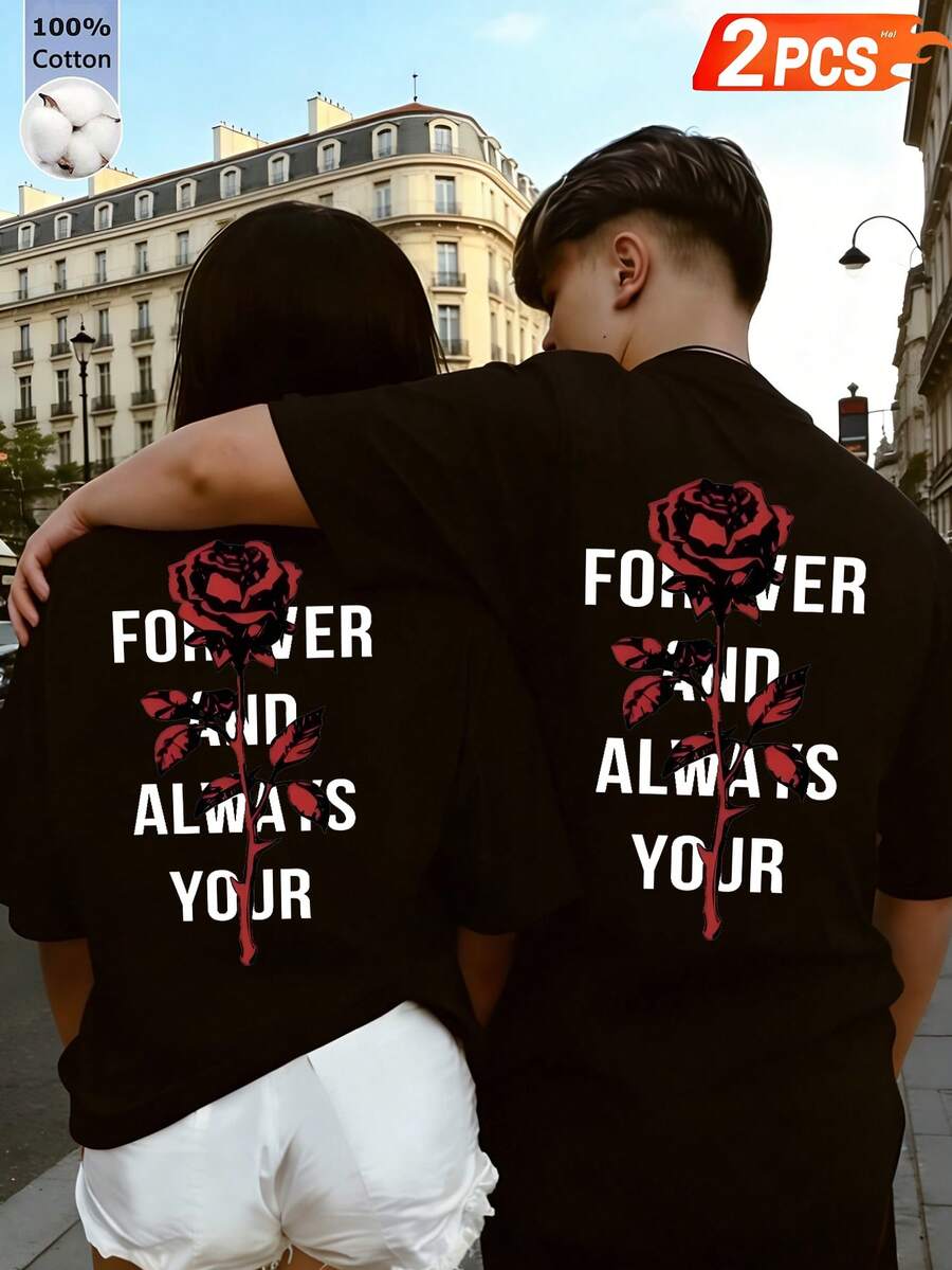 2 Pieces Couple Matching Unisex Cotton Tees With Romantic Rose Print, Perfect For Daily Casuals And Vacation. - Black 3 - View 1