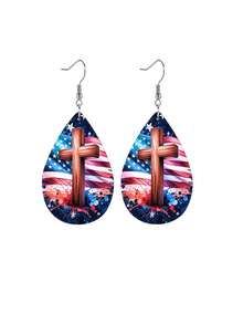 一对基督教美国国旗十字架水滴形PU皮耳环，爱国宗教吊坠耳环，独立日耳环，独特的7月4日和阵亡将士纪念日耳环首饰 - 彩色 - 查看 7