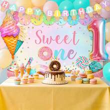 Dulce decoración de cumpleaños para bebé niña 1er cumpleaños juego de decoración de fiesta con cajas de globos, telón de fondo, guirnalda, pancarta de dona, suministros de fiesta temática de helado - Rosa 1 - Ver 5