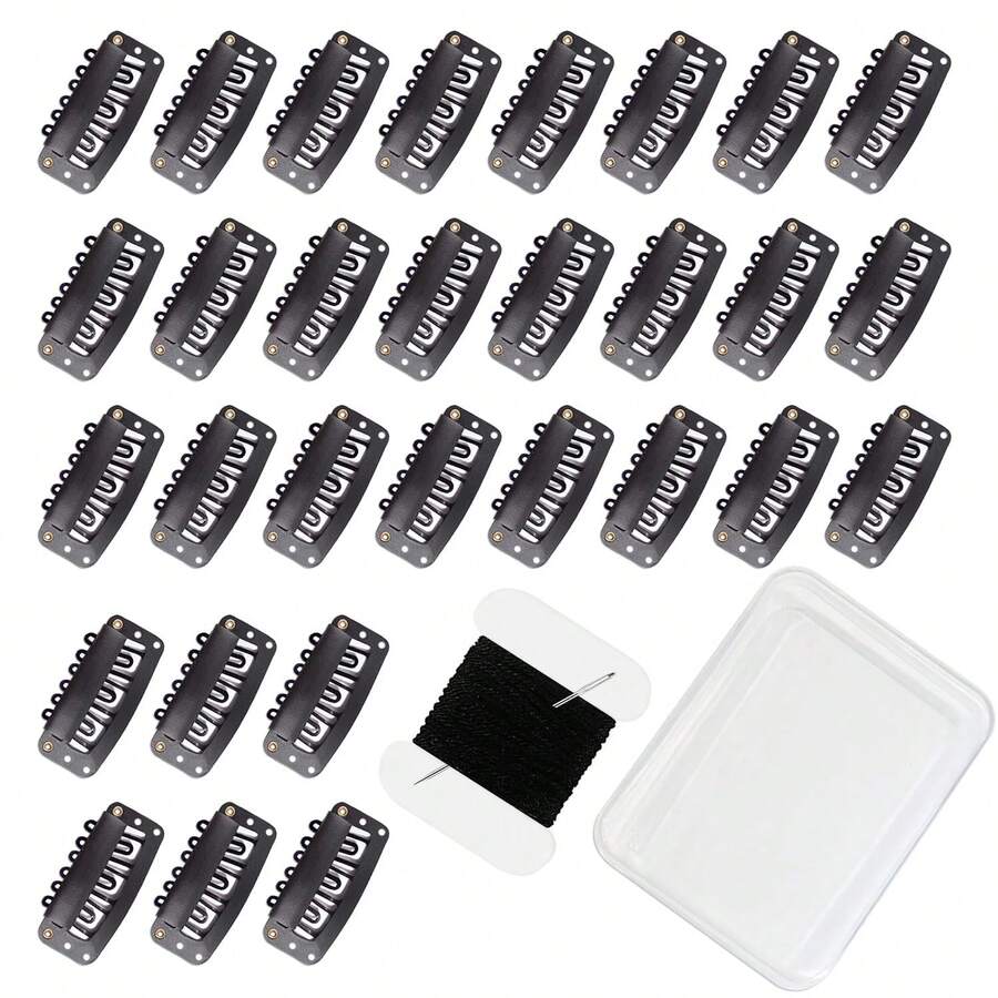 30pcs 32mm 6-Teeth U-Shaped Hair Clips Suitable For Hair Extensions, Comes With DIY Needles And Threaded Kits - Black Hair Extension Clips - View 1