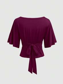 Vela Rue Waist Tie Bow Solid Color Batwing Sleeve Boat Neck Fitted Elastic Navy Blue T-Shirt, Suitable For Commuting, Work, School, Spring/Summer Back To School, Teacher's Day Casual - Purple - View 2