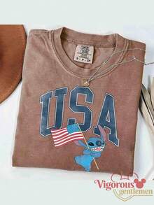 Unisex Short Sleeve T-Shirt, Disney Stitch American Flag Print Short Sleeve, Summer Travel Short Sleeve - 咖啡棕 - 查看 2