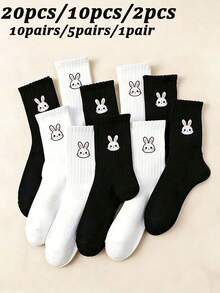 20pcs/10pcs/2pcs Women Rabbit Design Mid-Calf Socks, Sports Socks, Fashion Minimalist Casual Comfortable Versatile For All Seasons - Black and White - View 2