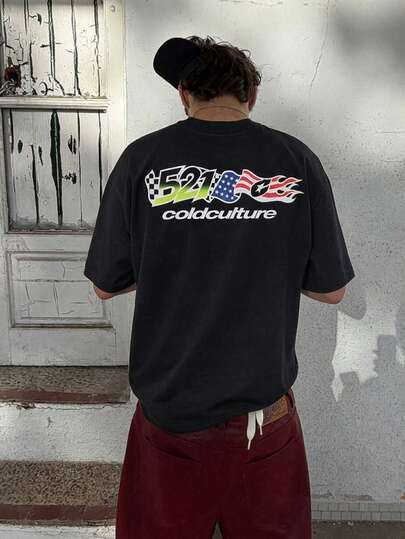 OVDY Unisex Vintage Street Racing Car Logo Print Oversized T-Shirt, Music Festival Tee, Commuting Casual Pullover