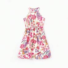 PatPat Family Matching Outfits Set Tropical Flora Print Short-Sleeve Collar Shirt Or Halter Belted Dress For Summer Vacation - Beige - View 4