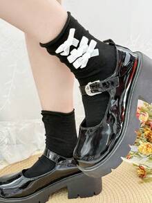 1/4 双甜美百搭洛丽塔单层荷叶边蝴蝶结袜口中筒袜，春夏款 - 彩色 - 查看 3