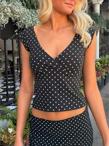 Women's Crop Top Deep V Neck Cap Sleeve Fitted Y2K Vintage Casual Polka Dot Spring Summer Vacation Going Out Blouse - màu đen - Xem 1