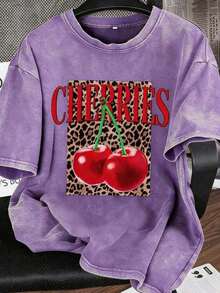 Vintage Tops2026 Summer TopsEs Trus Cotton Summer Women's Funny Graphic Tee, Streetwear Style Leopard Print Cherry Letter Pattern, Comfortable Retro Basic Casual Chic Y2K Tee For Door, Regular Petite Punk Slim Fit Black Round Neck Short Sleeve Washed T-ShirtLoose And ComfortableshirtLoose And Comfortablesummer Clothes Women Retro Clothes Women - 紫羅蘭色 - 查看 1