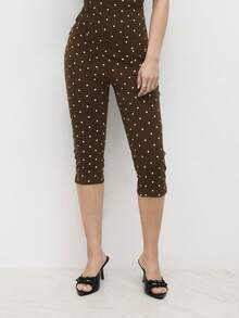 Women Y2k Polka Dot Printed Capris Cute Low Rise Stretchy Cropped Pants Side Bow Tie Skinny Capri Leggings Going Out - 紅棕色 - 查看 4