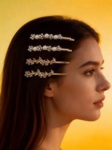 1pc Alloy Crystal Rhinestone Gold Leaf Hair Clip, Elegant Bangs Hairpin, Delicate Pearl Flower Side Clip, Lovely Hair Accessory For Women - Black - View 8