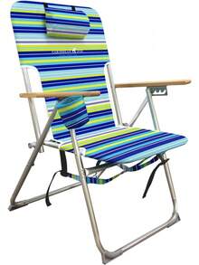 CARIBBEAN JOE Folding Beach Chair, 4 Position Portable Backpack Foldable Camping Chair With Headrest, Cup Holder, And Wooden Armrests - 藍色,青檸條紋 - 查看 2