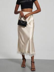 Women's Elegant Lace Patchwork Satin Skirt, Spring/Summer - Apricot - View 5