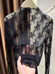 2025 New Arrival Women's Lace Mock Neck Layering Mesh Sheer Long Sleeve Slim Fit Undershirt, Spring/Summer/Autumn Casual Black - màu đen - Xem 3