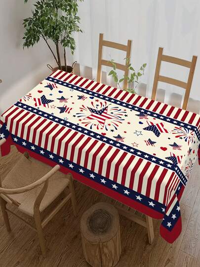 1pc American Independence Day Patriotic Theme Tablecloth, Red White Blue Star Striped Waterproof Rectangular Table Runner, Memorial Day Party Decor, High Quality Polyester Material, Multiple Sizes Available