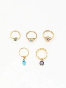 5pcs Handmade Enamel Rhinestone Blue Evil Eye Fatima Hand Multi-Color Ring Set, Sweet & Exquisite French Luxury Women Rings - Gold - View 4