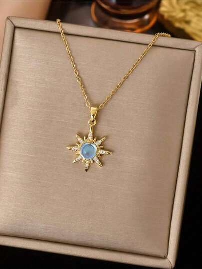 1 pieza Collar colgante de estrella de moonstone con circonita cúbica chapada en oro, elegante estilo bohemio vintage coreano, minimalista y versátil como regalo para hombres y mujeres, adecuado para uso diario, casual y de fiesta (empaquetado en bolsa de OPP)