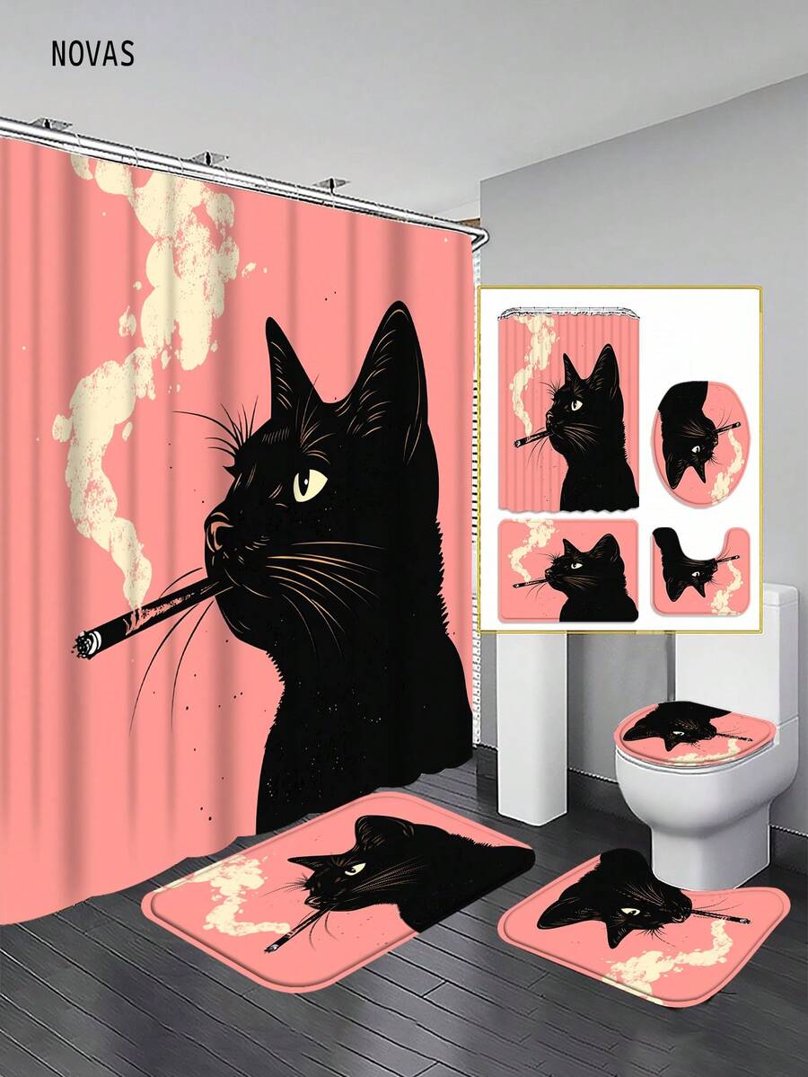 1/3/4件套黑猫浴室套装，包含浴帘、马桶盖、浴垫和地毯 - 复古粉色，防水防霉塑料面料 - 适用于节日装饰、家居/卧室/住宅/西式/夏季装饰