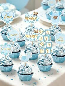 16pcs/24pcs Blue Bear Cake Toppers, Baby Boy Birthday Party Decorations, Baby Shower, Gender Reveal Party Supplies - Multicolor - View 1