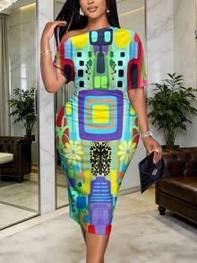 Colorful Geometric And Floral Print Women's One Shoulder Three Quarter Sleeve Dress African Inspired Pattern Casual Wear And Parties Her - 風格 - 查看 3