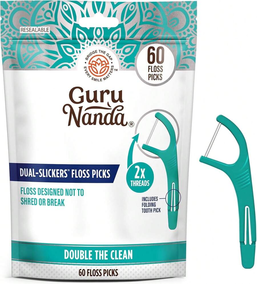 Dual Slickers Floss Picks - Double Threaded Dyneema Dental Floss With Foldable Toothpick For Effective Plaque Removal - Unflavored- 60 Ct - 1 Count (Pack Of 50) - View 1