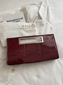 2026新款女士PU亮面手拿包，信封式手提包，金属手柄，奢华晚宴包，适合婚礼宾客、宴会和约会之夜 - 酒紅色 - 查看 5