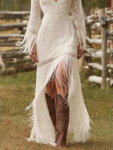 Vintage White Lace V Neck Long Sleeve Dress With Tassel Hem High Low Dress - trắng - Xem 3
