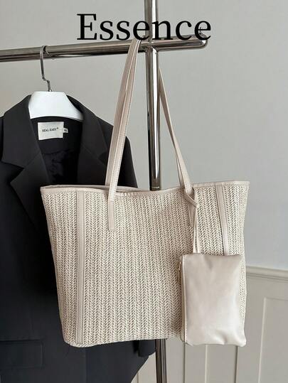 1个白色草编手提包，春季新款时尚PVC编织大容量单肩包，女士款（带小吊坠装饰），沙滩度假包