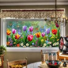 1pc Spring Tulip & Butterfly Glass Sticker, Colorful Floral Window Decor, Self-Adhesive & Removable - Multicolor - View 4