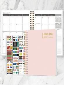 2026-2027 Academic Planner With Stickers, A5 Weekly Monthly Spiral Bound Agenda Notebook With To-Do List, Start Any Time, For School Office Supplies - Pink - View 2