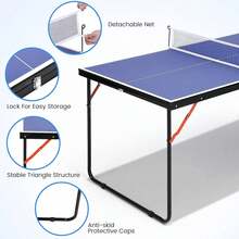 Mesa de ping pong plegable, juego de tenis de mesa de MDF con red, 2 paletas y 3 pelotas. Mesa de juego familiar portátil para interior, color negro, medidas 54'' x 30'' x 26.6'' - Azul - Ver 6