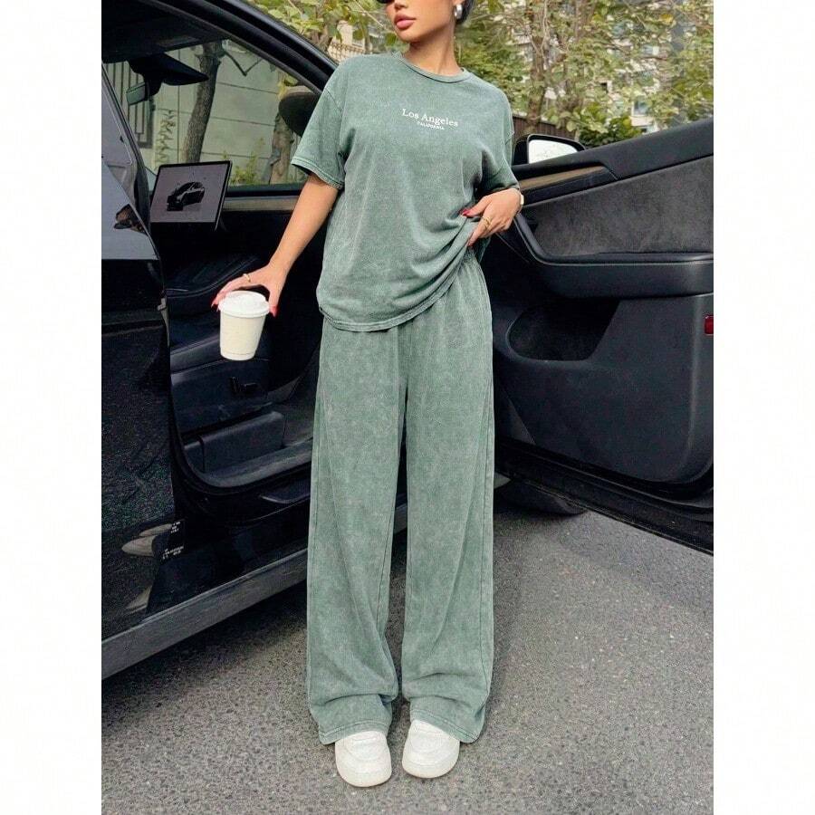 Women's Washed Brown T-Shirt And Pants Two-Piece Casual Set - 軍綠色 - 查看 1