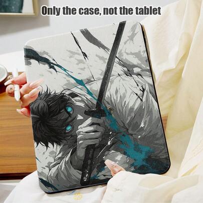 1个动漫人物印花翻盖保护套，带360°旋转支架和笔槽，PU皮革材质，具备自动休眠/唤醒功能，适用于苹果/荣耀等热门机型，是开学季、情人节、节日送礼佳品。