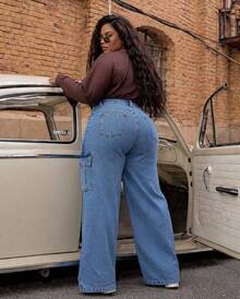 Wide Leg Cargo Pants Plus Size High Waist - Màu xanh bụi bặm - Xem 2
