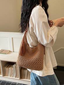 Hollow Tassel Handmade Crochet Shoulder Bag, Zipper Closure, Casual Style Cotton Knitted Bag, Suitable For Vacation, Commute, Daily Use, Dating, Outing In Spring/Summer, College Classes - Khaki - View 7