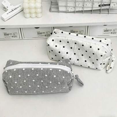 Sweet Polka Dot Pencil Pouch, Stylish Black White Dot Pattern Pen Case, Large Capacity Stationery Bag For Teen Girls Students School Supplies, Back To School (Random Zippers)
