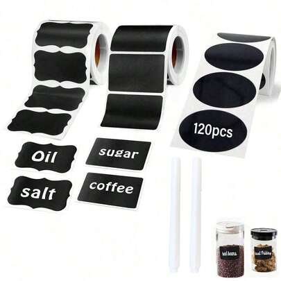 120pcs Reusable Waterproof Black Wave Label Stickers, Suitable For Containers, Jars, Seasonings, Food Storage In Kitchen, Comes With 1 White Chalk Marker
