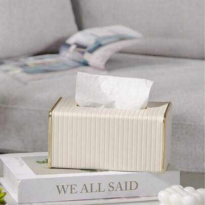 PU Leather Striped Tissue Box, Nordic Luxury Style Hotel Gold Edge Paper Towel Holder, Creative Large Size Napkin Dispenser For Living Room & Bedroom
