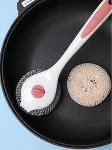 1pc Integrated Pot Brush, Non-Scratch Scrubber, Dishwashing Brush With Long Handle Cleaning Steel Wool, Household Kitchen Tool - hồng - Xem 12