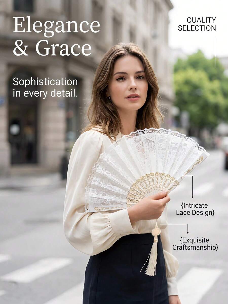 Quạt cầm tay, 1 chiếc quạt xếp Trung Quốc, kích thước nhỏ gọn bỏ túi, khung tre cổ điển, họa tiết hoa retro, chi tiết tua rua, quạt làm mát cầm tay di động, trang trí nhà cửa và khiêu vũ mùa hè. - Quạt xếp ren tua rua - Xem 1