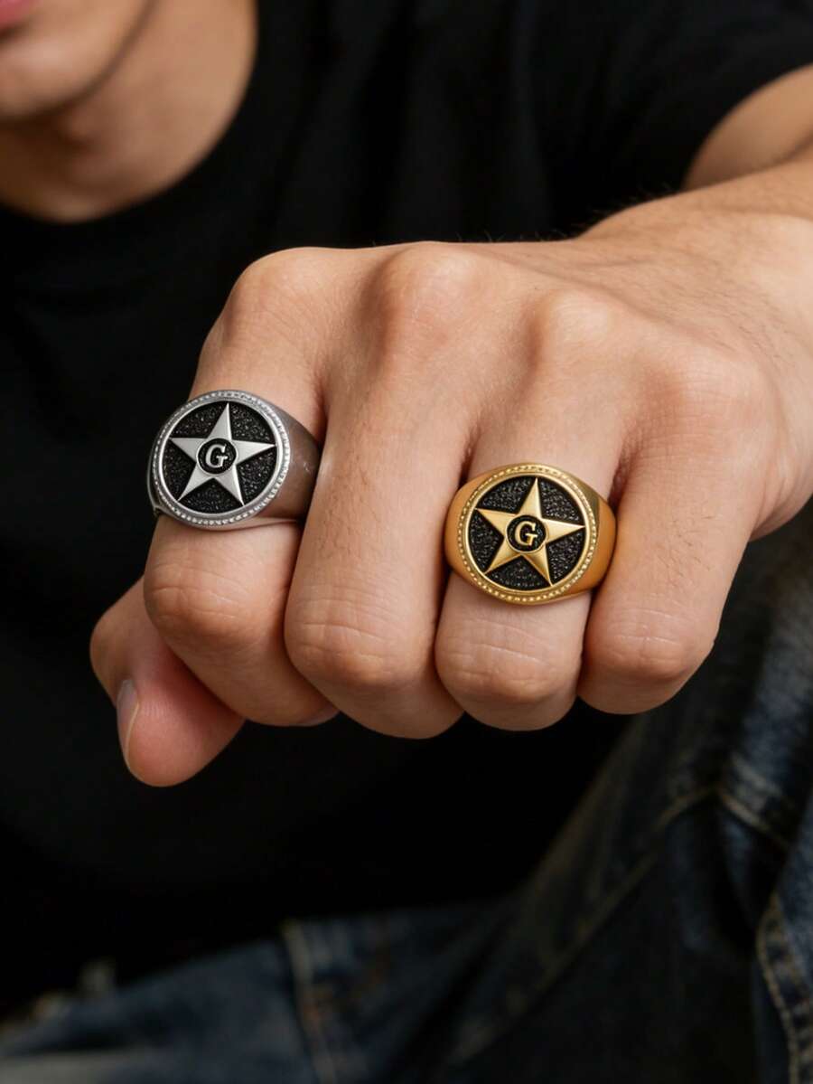 1pc Men's Stainless Steel Star G Letter Signet Ring Vintage Punk Biker Ring For Daily Wear Party Gift - Ring - View 1