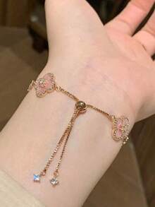 1pc Zirconia Hollow Flower Adjustable Bracelet, Pink Sweet Elegant, Suitable For Girl - Pink - View 4
