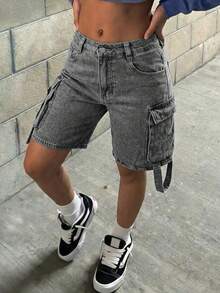 (Có sẵn chất liệu cotton) Quần lửng denim ống đứng kiểu cargo dành cho nữ - Xám - Xem 3