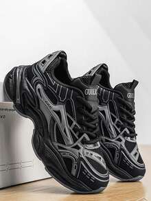 网面男鞋，时尚厚底休闲鞋，撞色高端百搭轻便透气运动鞋，四季皆宜 - 黑色 - 查看 2
